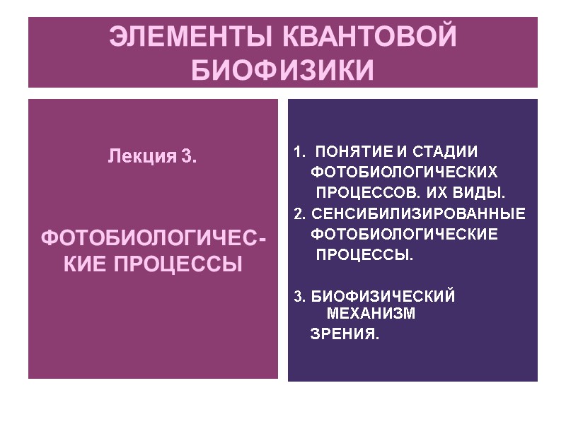 ЭЛЕМЕНТЫ КВАНТОВОЙ БИОФИЗИКИ    Лекция 3.      